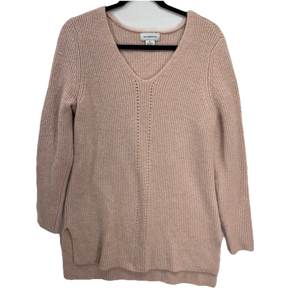 Liz Claiborne Tunic Sweater Womens XL Pink V-Neck Shimmer Ribbed Knit‎ Side Slit